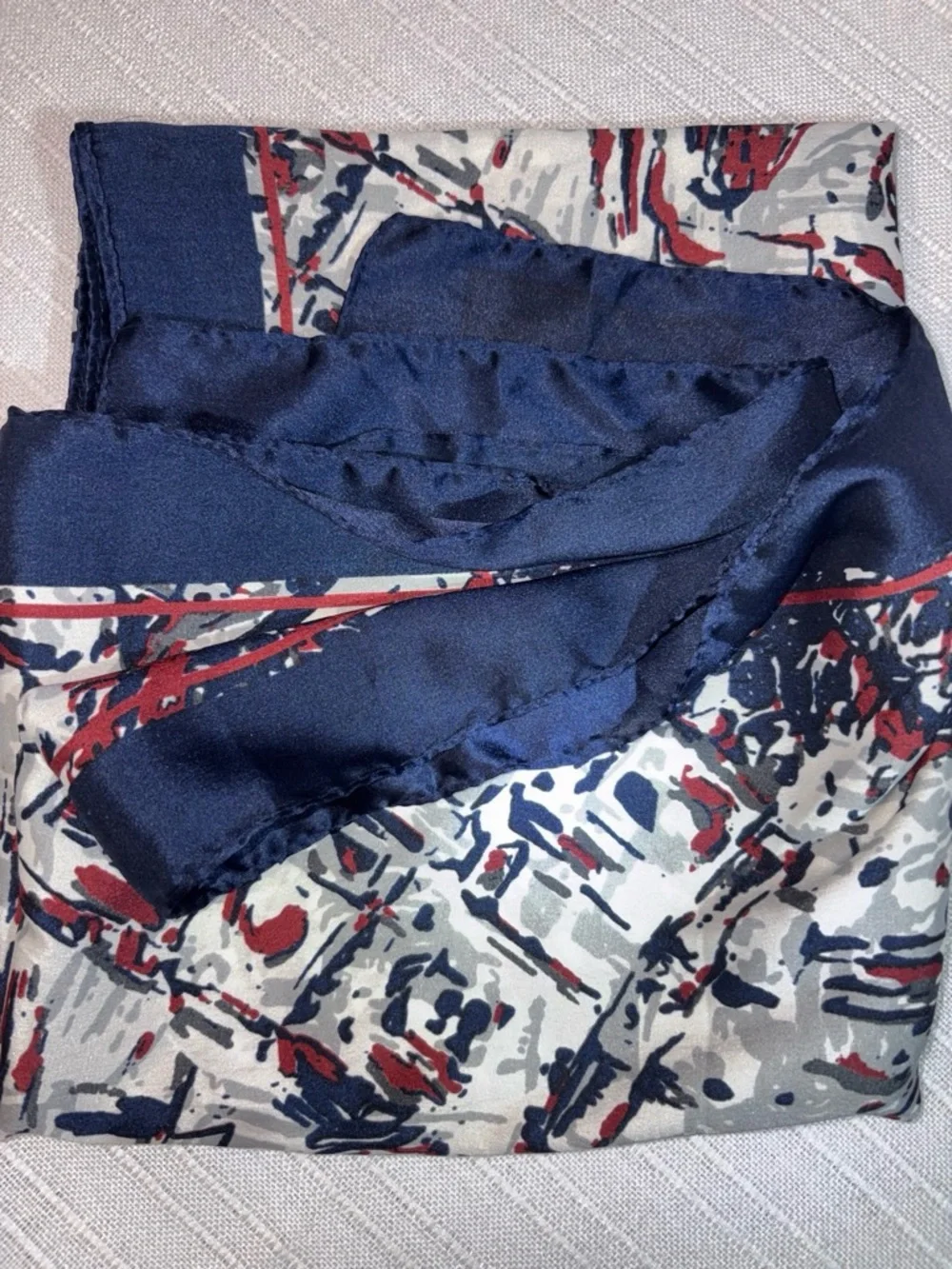 Vintage Mid Century Navy Abstract Silk Satin Scarf Expressionist Art